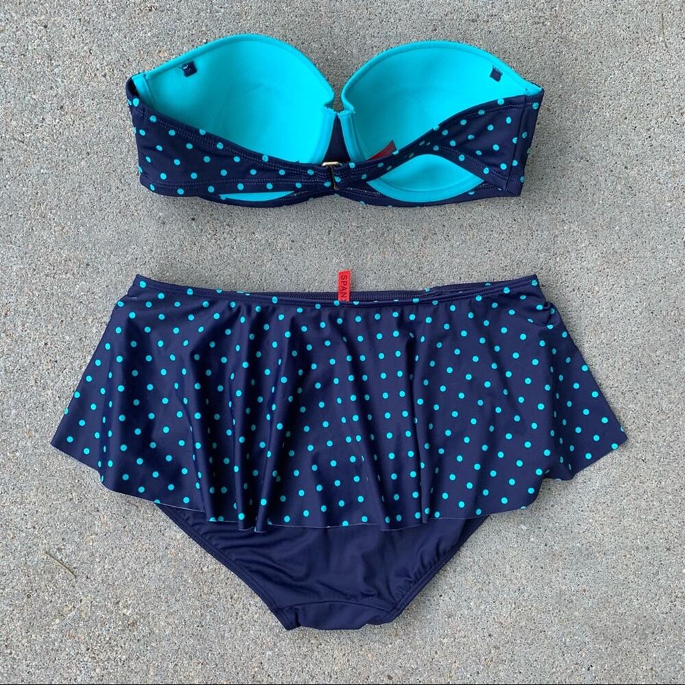 SPANX Polka Dot Bikini Top & Skirted Bottoms teal navy size 10 - Picture 3 of 10